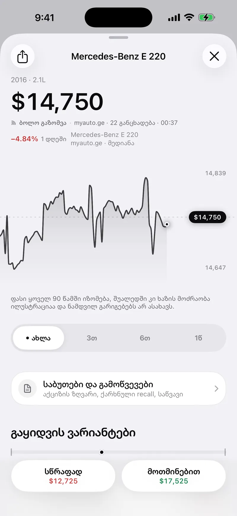 Car value in VINARI: Mercedes-Benz E 220, 2016, $14,750, with the price chart